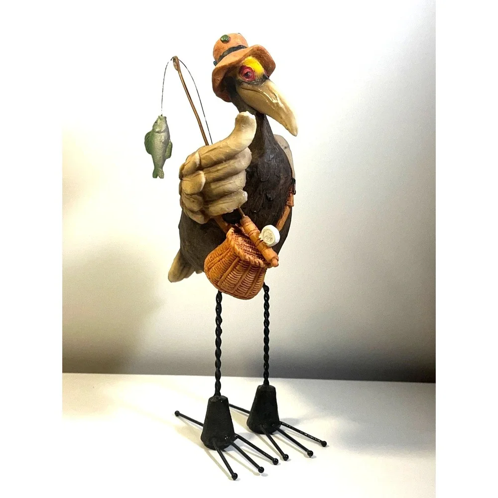 Whimsical Fisherman Crow Figurine with Spring To Bobble Resin Sculpture